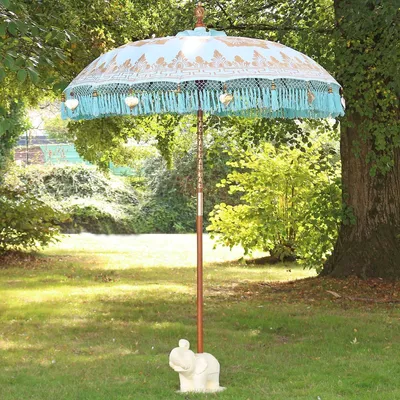 Produktbild von Sonnenschirm Bali Schirm 180 cm Türkis Gold Bemalung Fransen Gartenschirm Baumwolle Sonnenschutz Handarbeit Dekoschirm Model Emlia