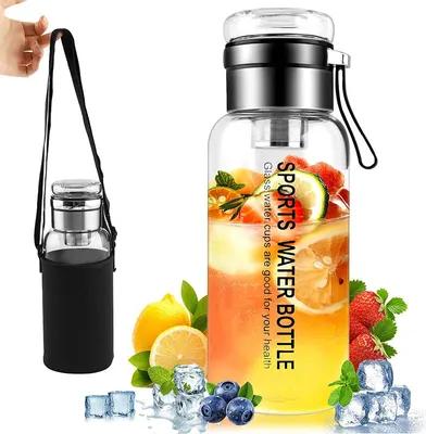 Produktbild von Trinkflasche Glas 1L mit Neoprenhülle, Glasflasche mit Edelstahl-Sieb, Wasserflasche Glas Auslaufsichere Glastrinkflasche für kalten Heiß Getränken Smoothies