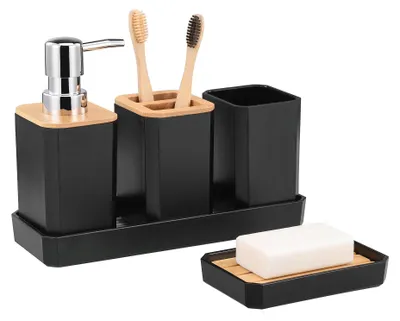 Productafbeelding van UnboxG Badaccessoires set, 5-delig, zwart kunststof met bamboe: zeepdispenser, tandenborstelhouders, beker, dienblad, zeepbakje, badaccessoires set voor de wastafel