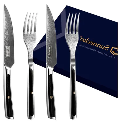 Produktbild von Steakbesteck Set - 4-teiliges Damast Steakbesteck für 2 Personen mit Steakmesser und Steakgabeln