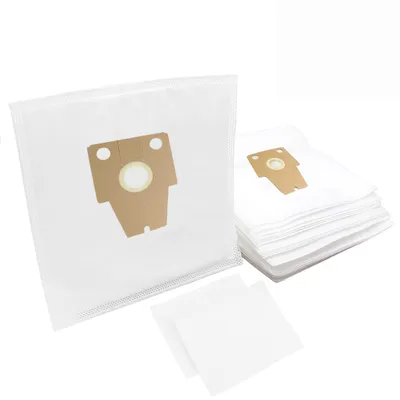 A stack of white vacuum cleaner bags with brown cardboard connectors on a white background.