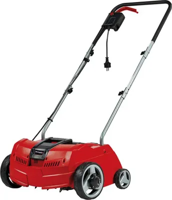 A red electric scarifier/lawn aerator is shown against a white background.