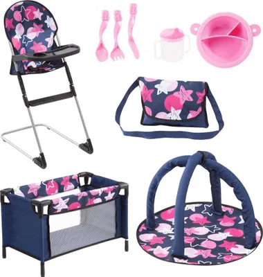 Image de Bayer Design 61769AB Ensemble de berceau de voyage 9-en-1 pour poupées, bleu/rose/étoiles