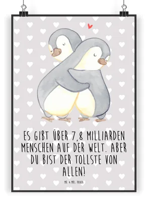 Produktbild von Mr. & Mrs. Panda Bild Pinguine Kuscheln DIN A3 - Grau Pastell - Geschenk, Wandschmuck, drucke, für Freundin, Valentinstag, Wandbild, Partner, Frauen, Mitbringsel