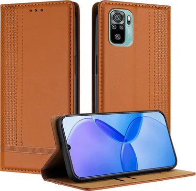 Produktbild von Handyhülle für Xiaomi Poco M5s/Redmi Note 10s/Note 10 4G Leder Flip Klappbare Schutzhülle mit Standfunktion Braun