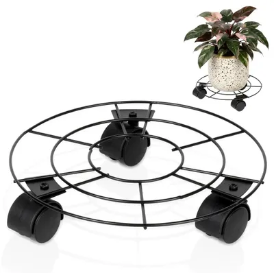 Zdjęcie produktu dla Stojak na doniczki na kółkach - metalowy - czarny - 25 cm