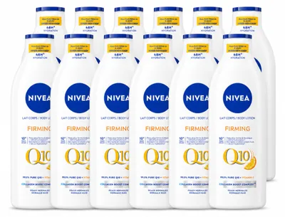 Imagen del producto de 12 unidades de loción corporal Nivea Q10, reafirmante, con vitamina C, hidratación de 48 horas, 400 ml. Paquete económico