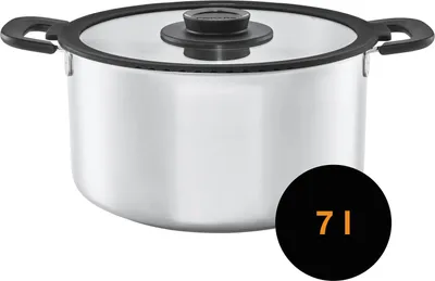 A stainless steel pot with a glass lid and black handles is shown against a white background. A black circle with orange text '7 L' is overlaid on the bottom right of the image.