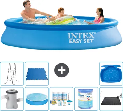 Produktbild von Intex runder aufblasbarer Easy Set-Schwimmpool – 305 x 61 cm – Blau – inklusive Pumpe Sonnensegel - Wartungspaket - Filter - Solarmatte - Leiter - Fußbad