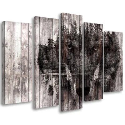 Produktbild von 5-teiliges leinwandbild wolf natura wald retro b&w 150x100 cm Feeby grau wandbild bereit zum aufhängen