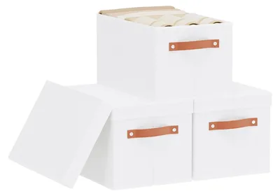 Obrázek produktu pro Omgoods – Sada 3 úložných boxů – Bílé látkové boxy s víkem – Vhodné pro oblečení a knihy