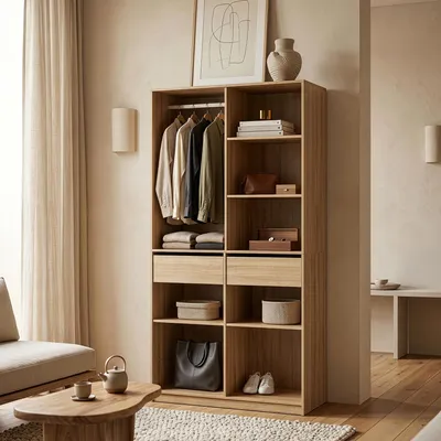 Image de Armoire ouverte « Vippsaki » avec 7 étagères et 2 tiroirs, 200 x 100 x 50 cm, aspect chêne