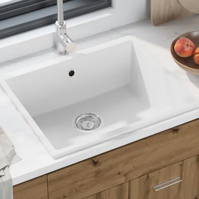 Produktbild von Küchenspülbecken aus Weißem Granit mit Überlaufloch, Spülen DesignMöbel Neu