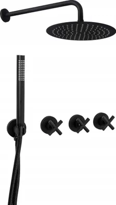 A black shower set including a wall-mounted shower head, a handheld shower head, and three control knobs, displayed against a white background.