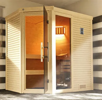 Produktbild von weka Design-Massivholzsauna CUBILIS ECK 3 inkl. Sauna-Leuchtenset, Lieferung und Montage x B x T x H x 245 x 195 x 205