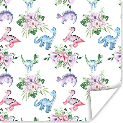 Produktbild von MuchoWow® Poster Kinderzimmer - Dinosaurier - Blumen - Mädchen - Kinder - Rosa - Kind 50x50 cm - Wohnzimmerdekoration