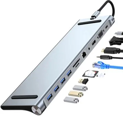 Obrázok produktu pre USB-C rozbočovač pre 3 monitory, 2x 4K, VGA, USB 3.0, karty SD/TF, Ethernet, PD 100 W