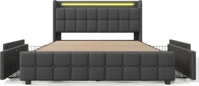 Produktbild von Flieks Polsterbett 180x200cm mit USB und Steckdosen, Jugendbett Doppelbett mit 4 Schubladen, Stauraumbett Massivholzbett mit LED und Lattenrost, Leinen, Grau