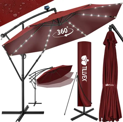 Produktbild von tillvex Alu Ampelschirm Rot LED Solar Ø 300 cm mit Kurbel | Sonnenschirm mit An-/Ausschalter | Gartenschirm UV-Schutz Aluminium | Kurbelschirm mit Ständer Marktschirm wasserdicht