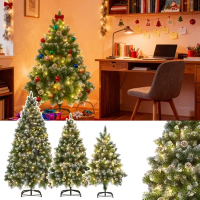 Zdjęcie produktu dla Sztuczne drzewko świąteczne VA-Cerulean z ciepłobiałym oświetleniem LED – sztuczna, ośnieżona choinka o wysokości 210 cm, z szyszkami, 820 gałązkami, 350 diodami LED, w zestawie podstawka i zasilacz