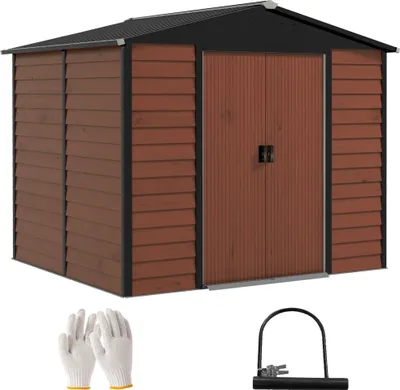 Zdjęcie produktu dla Domek ogrodowy Outsunny 4,4 m², domek ogrodowy ze spadzistym dachem, drzwiami przesuwnymi, fundamentem, łatwy montaż, 240 x 206 x 198 cm, ocynkowana stalowa szopa narzędziowa, odporna na warunki atmosferyczne, do ogrodu, drewno tekowe