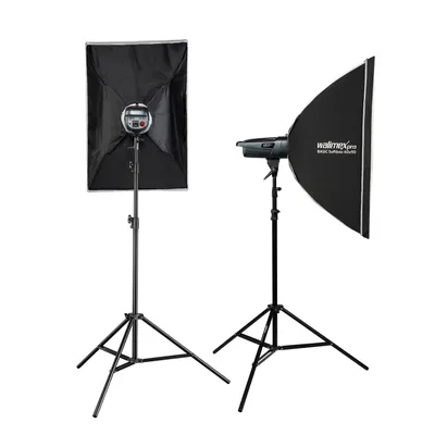 Produktbild von Walimex pro Emerger 200 Set Double 2 Studioblitze mit 200 Ws Blitzleistung, Blitzgerät mit 2,4 GHz Funk, mit Softboxen 60 x 90 cm und Lampenstative inkl. Transporttasche