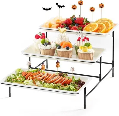 Image de plateau en plastique réutilisable 3 couches - Fêtes - Servir de la nourriture - Support métallique noir - Légumes Fruits Biscuits Dessert