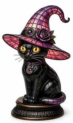 Produktbild von Gotische Hexenkatze LED Nachtlicht, Halloween Deko Figur mit Hexenhut und leuchtenden Details, Tischdekoration