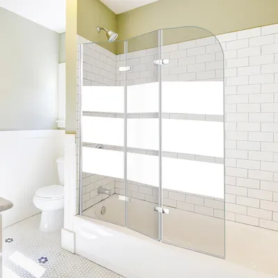 Immagine prodotto di Pannello doccia pieghevole per vasca da bagno, Peviasot, 120x140 cm, composto da 3 elementi, vetro temperato di sicurezza da 6 mm, schermo per vasca da bagno, accessori per cabina doccia, con striscia bianca