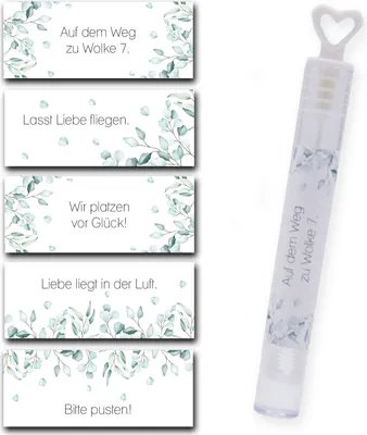 Produktbild von 50er-Set Seifenblasen-Aufkleber Hochzeit Eukalyptus Liebe in der Luft - 5 x 2 cm - beschriften von Seifenblasen Hochzeit Stilvoll Dekoration Geschenk I dv_1182