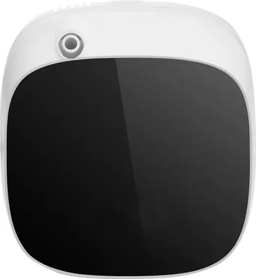 A white electronic device with a black screen and a small circular lens on top, isolated on a white background.