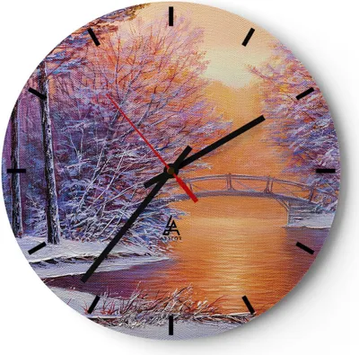Produktbild von Wanduhr - Rund - Glasuhr - Brücke Schnee Wald - 40x40cm - Schleichendes Uhrwerk - Lautlos - zum Aufhängen bereit - Dekoration Modern - Wanddekoration aus Glas - C3AR40x40-4545