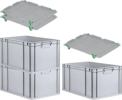 Produktbild von SuperSparSet 3x Eurobox NextGen Economy mit Auflagedeckel und 4x Schiebeschnappverschlüsse Grün | Griffe geschlossen | HxBxT 32x40x60cm | 65 Liter | Eurobehälter, Transportbox, Transportbehälter, Stapelbehälter