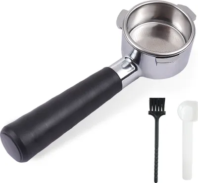 A coffee portafilter and accessories on a white background.