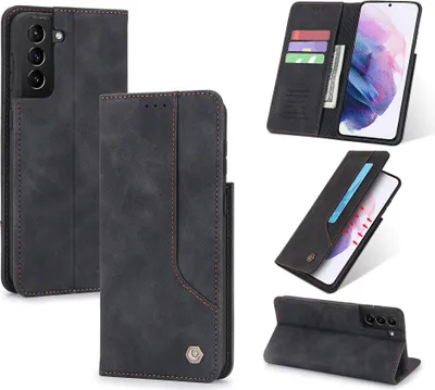 Produktbild von Galaxy S21 FE 5G Hülle, Retro Kunstledertasche Schutzhülle mit Kartenfach Standfunktion für Samsung Galaxy S21 FE 5G Schwarz