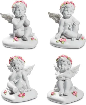 Four white cherub figurines with pink rose decorations, arranged in a grid.