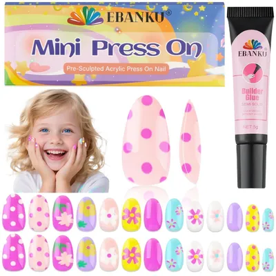 Immagine prodotto di Unghie finte adesive per bambini, confezione da 26 pezzi, motivo floreale, colori vivaci e copertura completa, kit di unghie acriliche con colla
