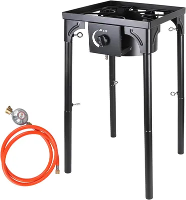 Obrázok produktu pre Kempingový varič, varič na stoličku, plynový, liatinový, 10 kW. Kempingový varič, 40×40×76 cm, plynový varič s 4 nohami pre použitie s plynovou bombou. Plynový varič s 1 horákom a 1,5 metra hadice na propan