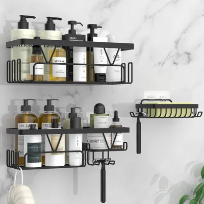 Image de Étagère de douche sans perçage - Lot de 3 étagères de douche, organisateur de salle de bain - Étagère de salle de bain, panier de douche - Noir
