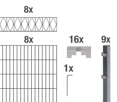 Immagine prodotto di Alberts 668549 Recinzione a doppia rete metallica "Elegance" come set completo di 42 pezzi, plastificata, antracite, altezza 140 cm, lunghezza 16 m