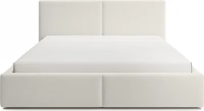 A front view of a white upholstered bed frame with a mattress.