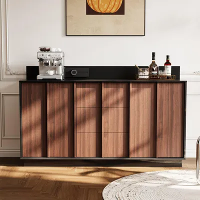 Produktbild von Sideboard mit gleitender Steckdose, Küchenschrank mit 3 Schubladen und 2 Türen, für Küchen, Wohnzimmer, Essbereiche, Braun+Schwarz, MDF, 150×40×92cm