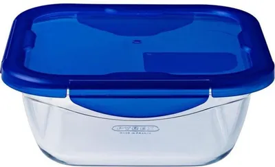 A clear, front-facing studio shot of a rectangular glass food storage container with a blue lid.