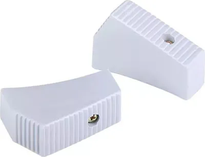Two white plastic foot caps for attic stairs, shown against a white background.