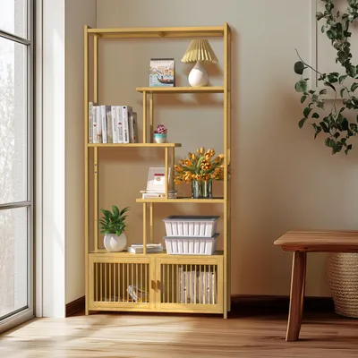 Produktbild von FATIVO Bücherregal mit 6 Ebenen: Bambus Büroregal mit Schrank, Standregal für Wohnzimmer, Büro, Bad & Küche, Natur, 85,5x28x176 cm