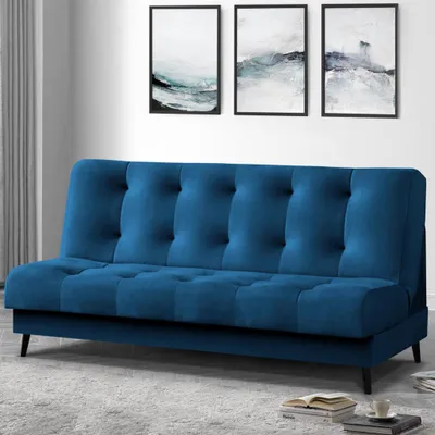 Produktbild von Schlafsofa Nancy Sofa mit Schlaffunktion Bettkasten Polstersofa aus Velour 195 cm Dreisitzer mit Holzbeine, Stoff: monolith 77 - marineblau