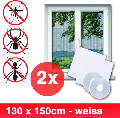 Produktbild von Grafner® 2er Set Insektenschutz Fliegengitter Fenster 130x150cm weiß mit Klettband Gitter Mückenschutz