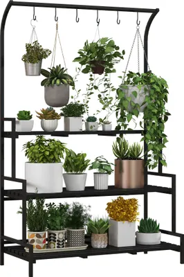 Produktbild von Blumenständer 3 Etagen 6 Haken – Pflanzenregal Metall 110x50x170 cm Schwarz