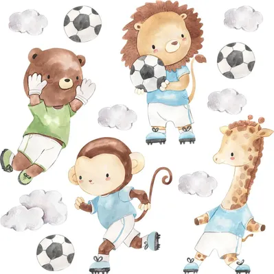 Produktbild von Wandaufkleber Kinderzimmer – Wandsticker für Baby & Kinder – Selbstklebende Wanddekoration – Abnehmbar ohne Rückstände – Deko für Mädchen & Jungen - Aquarell-Sporttiere beim Fußballspielen60x87 cm