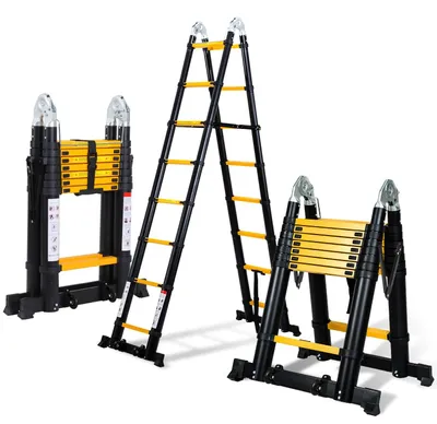 Image de Échelle télescopique de 5 mètres - Échelle pliante en aluminium - Capacité de charge de 150 kg - Noir et jaune - Échelle multifonctionnelle